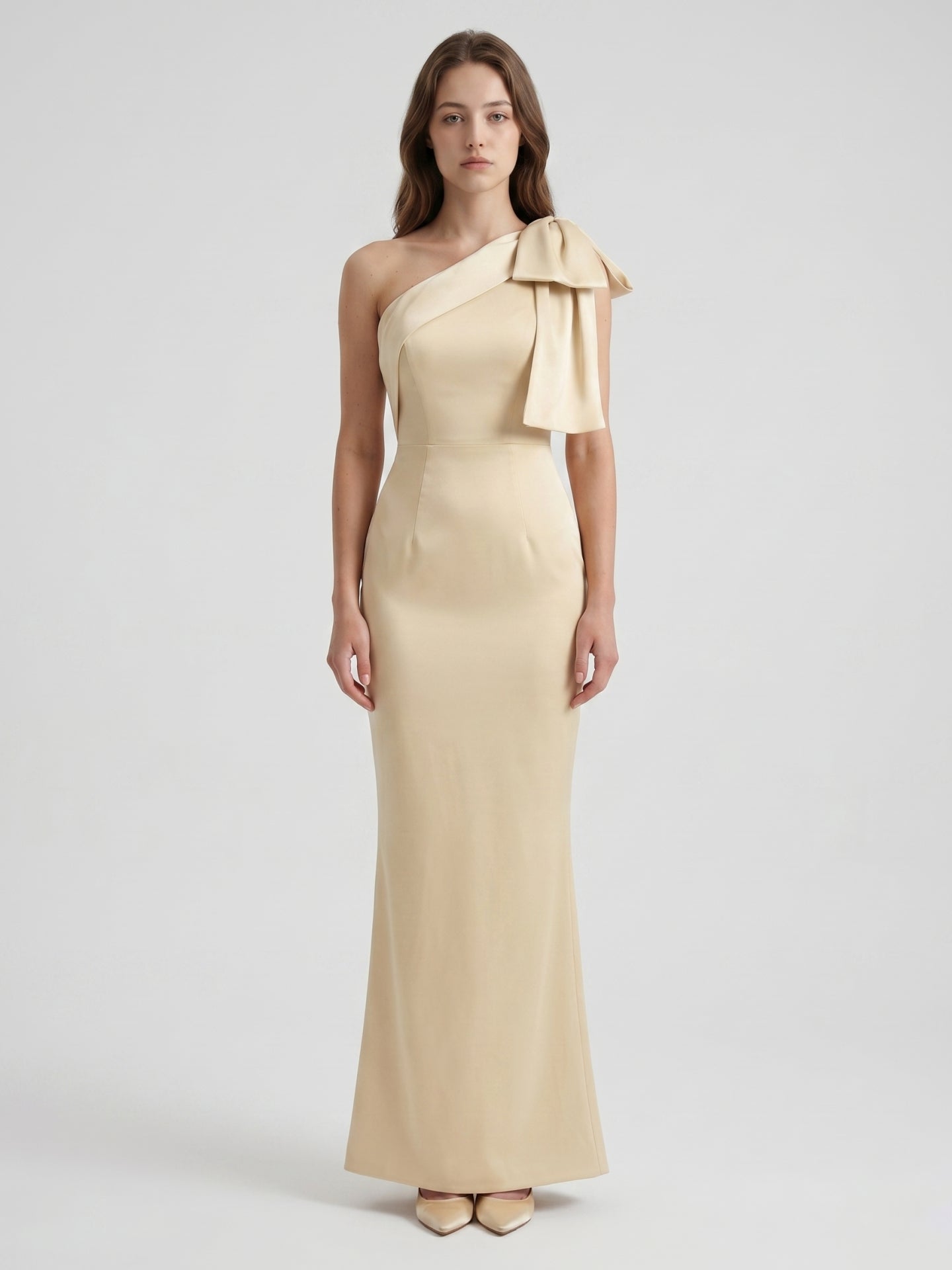 Champagne Satin Mermaid One-Shoulder Side-Zip Floor-Length Bridesmaid Dress with Bow