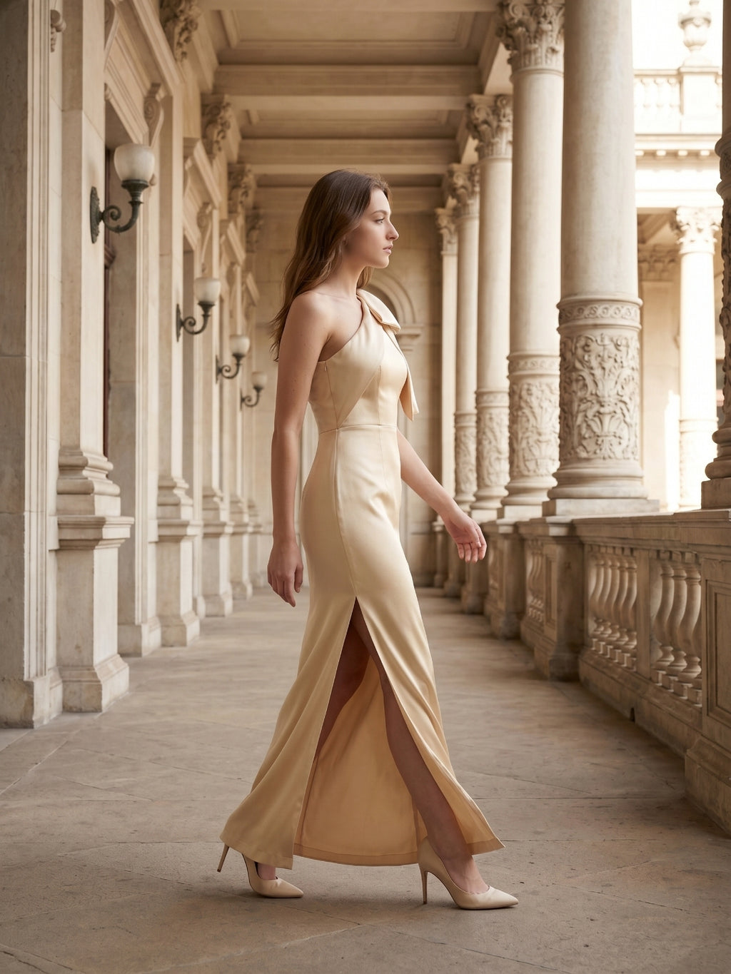 Champagne Satin Mermaid One-Shoulder Side-Zip Floor-Length Bridesmaid Dress with Bow