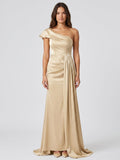 Champagne Satin Mermaid One-Shoulder Side-Zip Floor-Length Bridesmaid Dress with Pleats