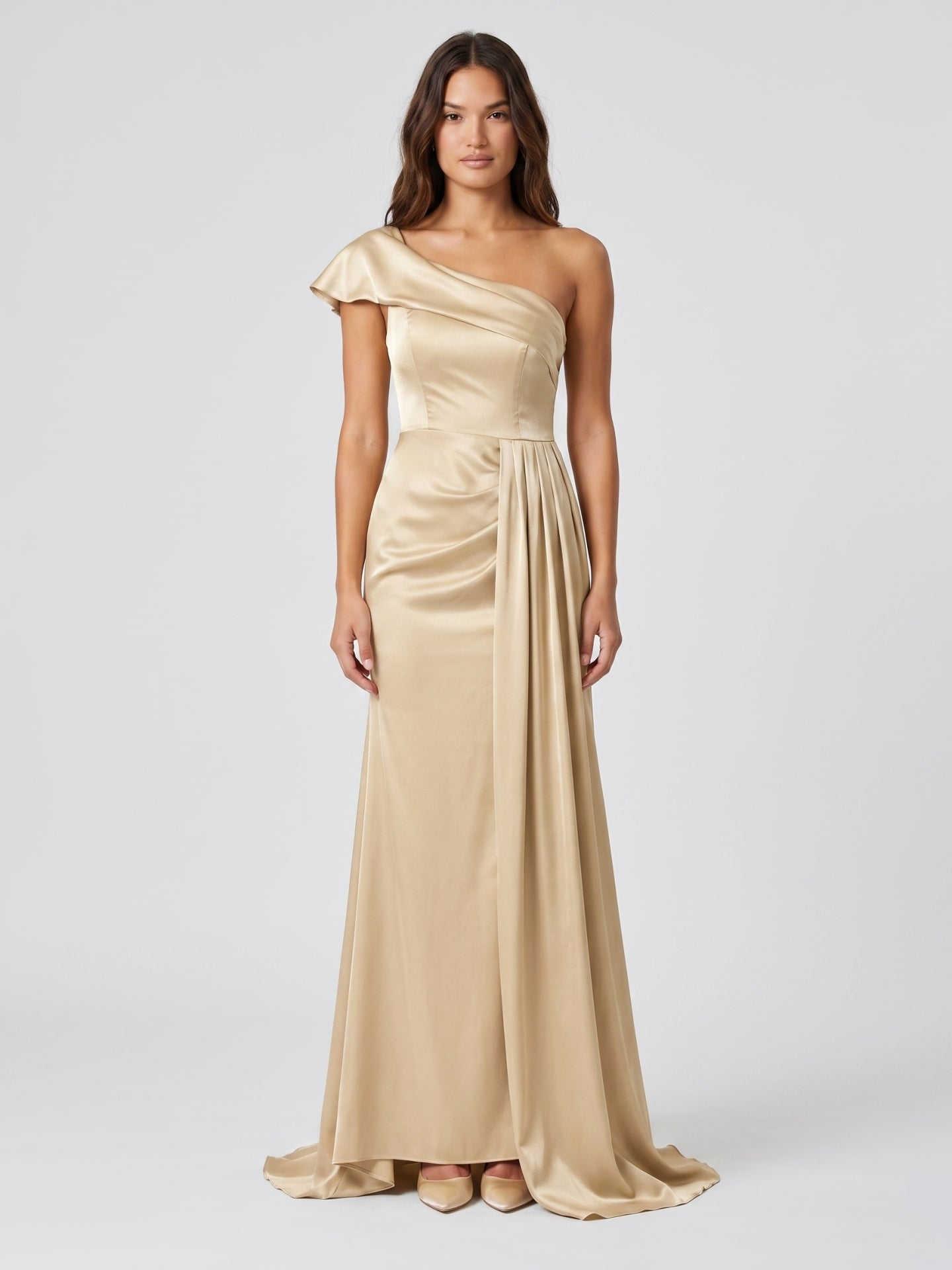 Champagne Satin Mermaid One-Shoulder Side-Zip Floor-Length Bridesmaid Dress with Pleats