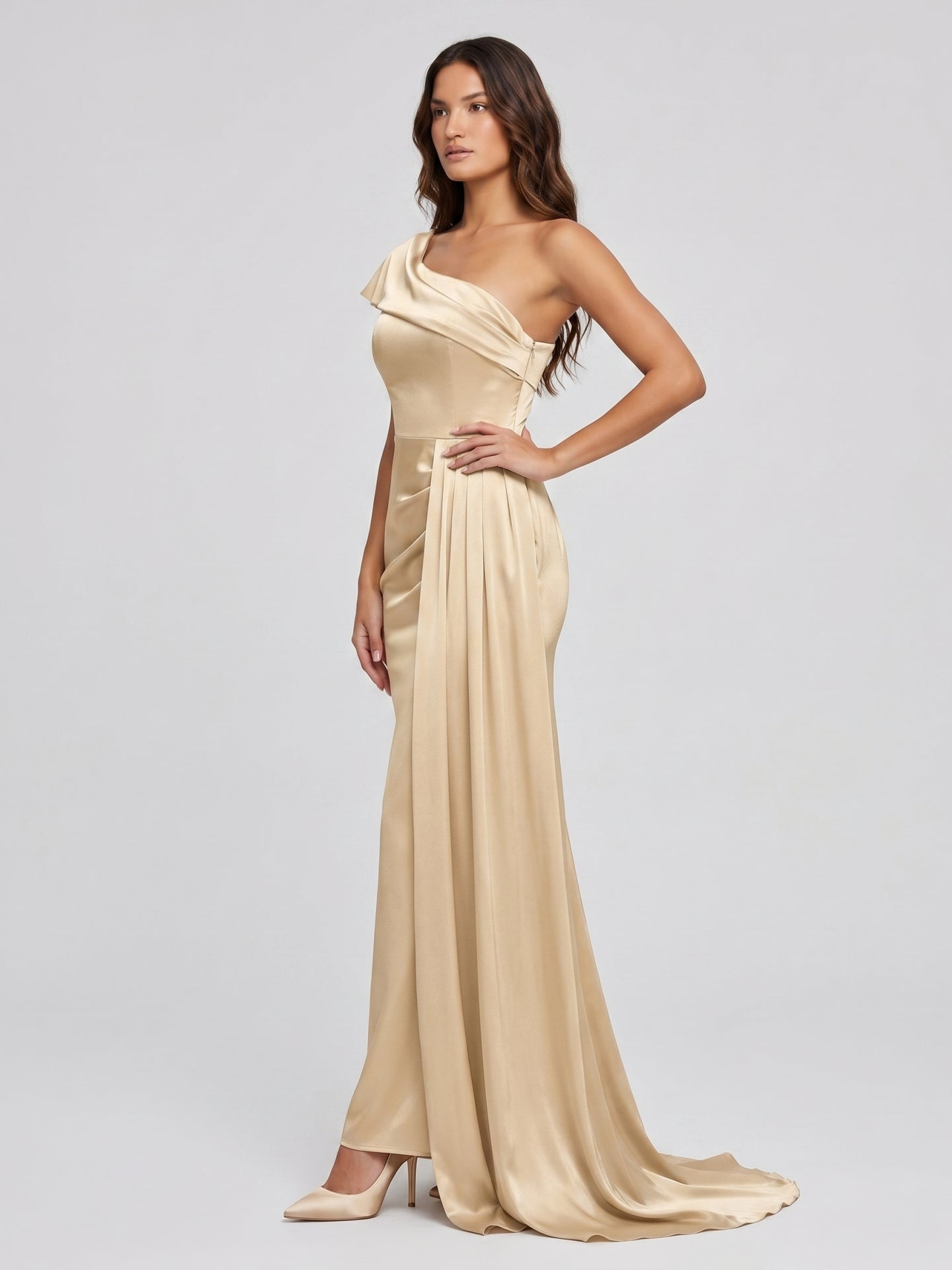 Champagne Satin Mermaid One-Shoulder Side-Zip Floor-Length Bridesmaid Dress with Pleats