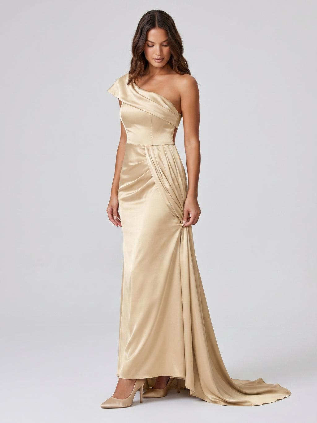 Champagne Satin Mermaid One-Shoulder Side-Zip Floor-Length Bridesmaid Dress with Pleats