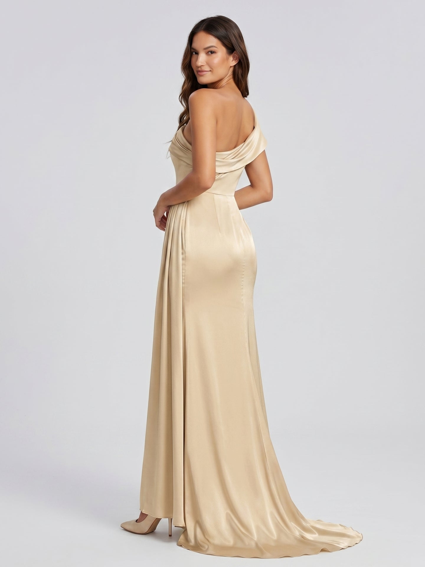 Champagne Satin Mermaid One-Shoulder Side-Zip Floor-Length Bridesmaid Dress with Pleats