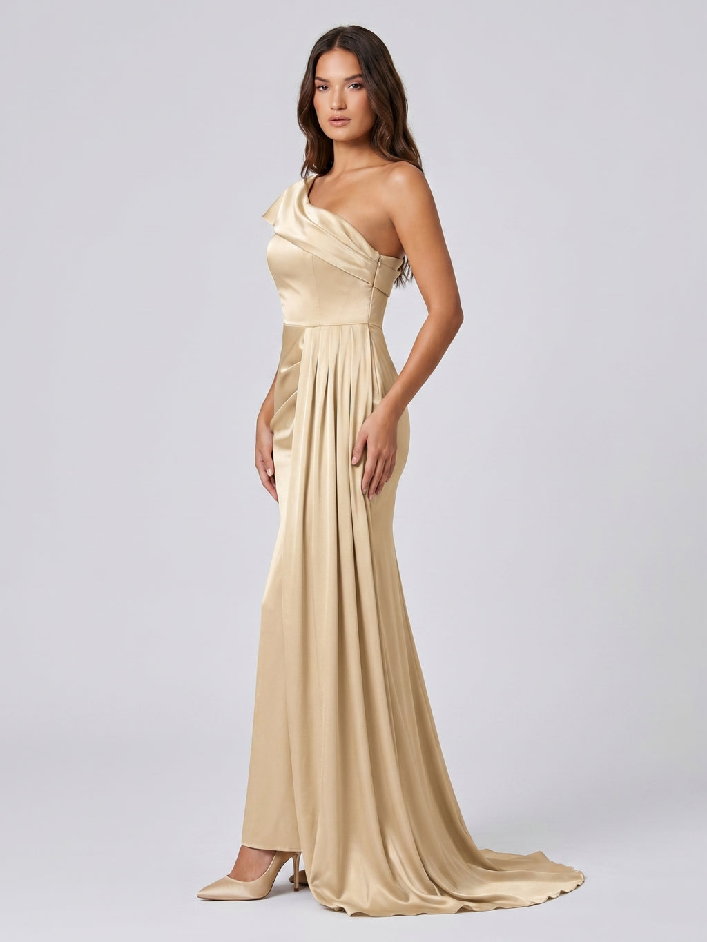Champagne Satin Mermaid One-Shoulder Side-Zip Floor-Length Bridesmaid Dress with Pleats