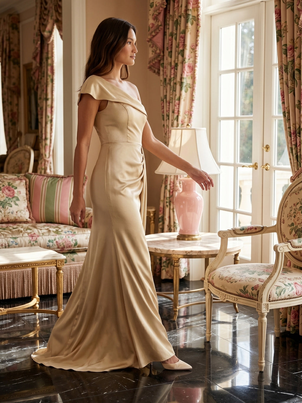 Champagne Satin Mermaid One-Shoulder Side-Zip Floor-Length Bridesmaid Dress with Pleats