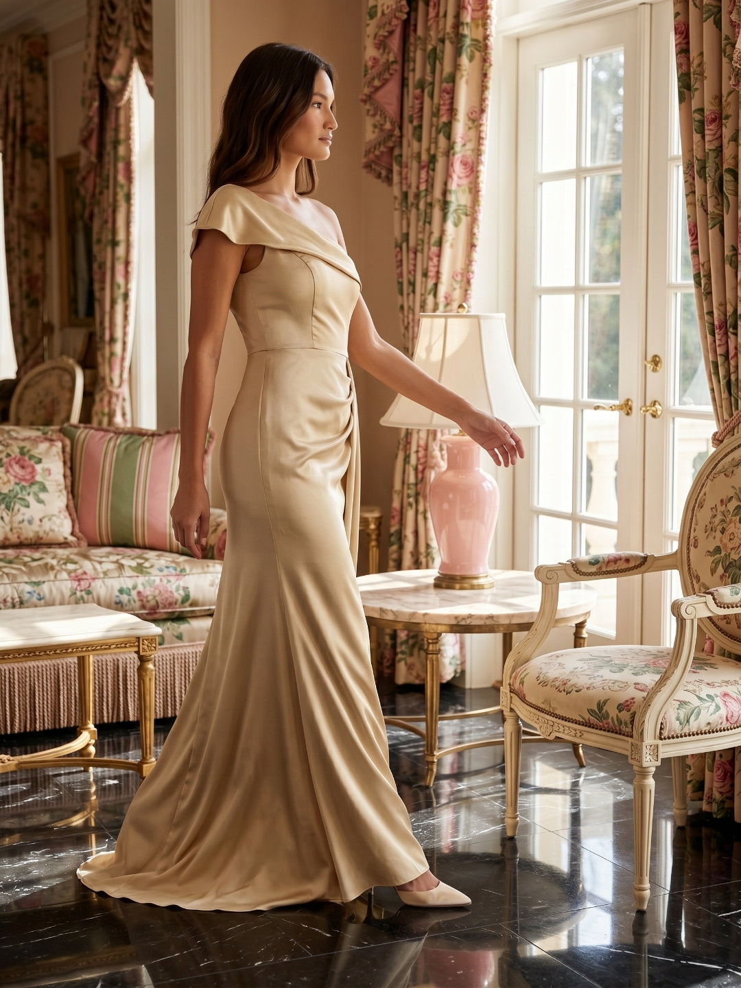 Champagne Satin Mermaid One-Shoulder Side-Zip Floor-Length Bridesmaid Dress with Pleats