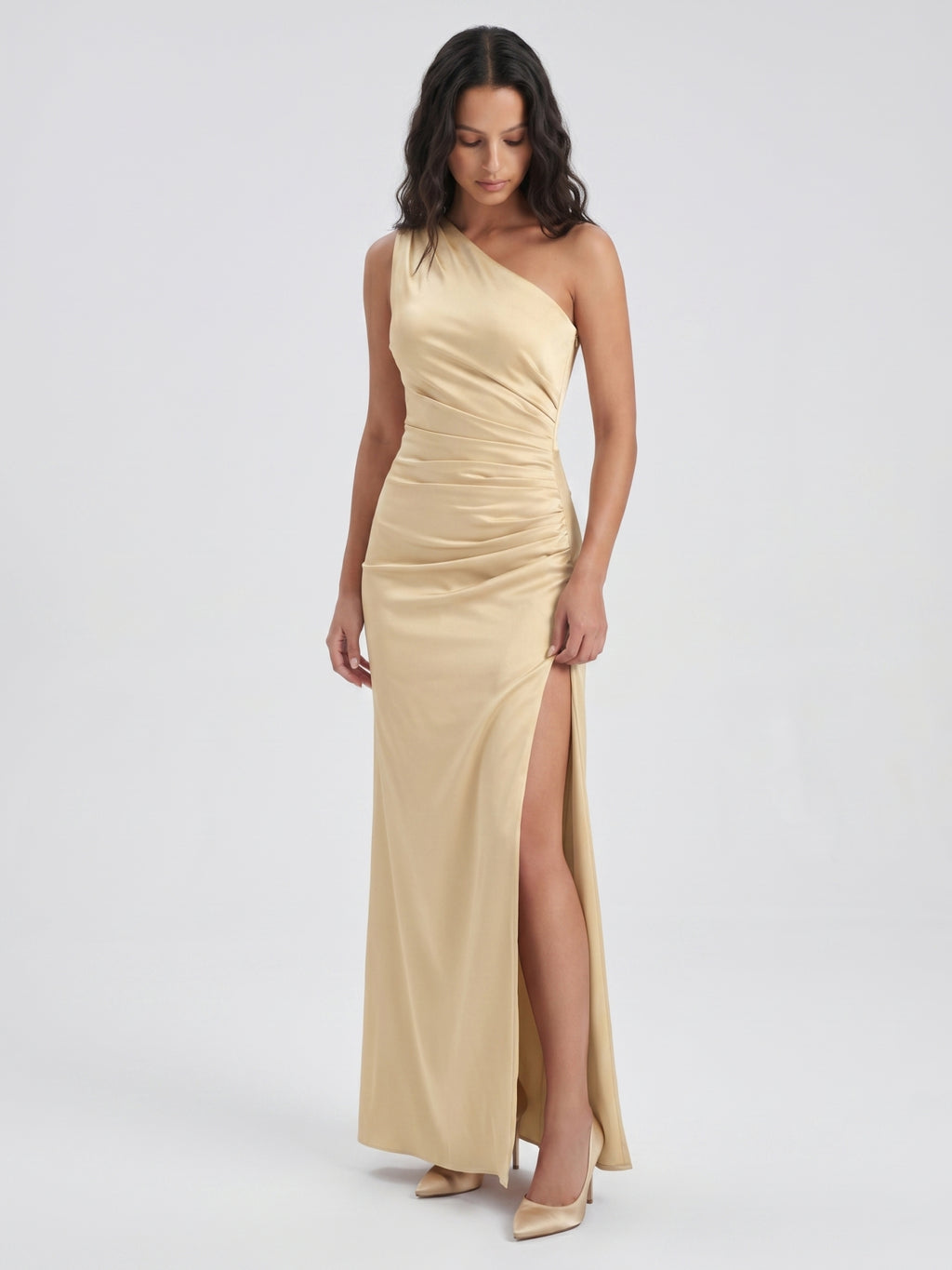 Champagne Satin Mermaid One Shoulder Back Zip Floor-Length Bridesmaid Dress