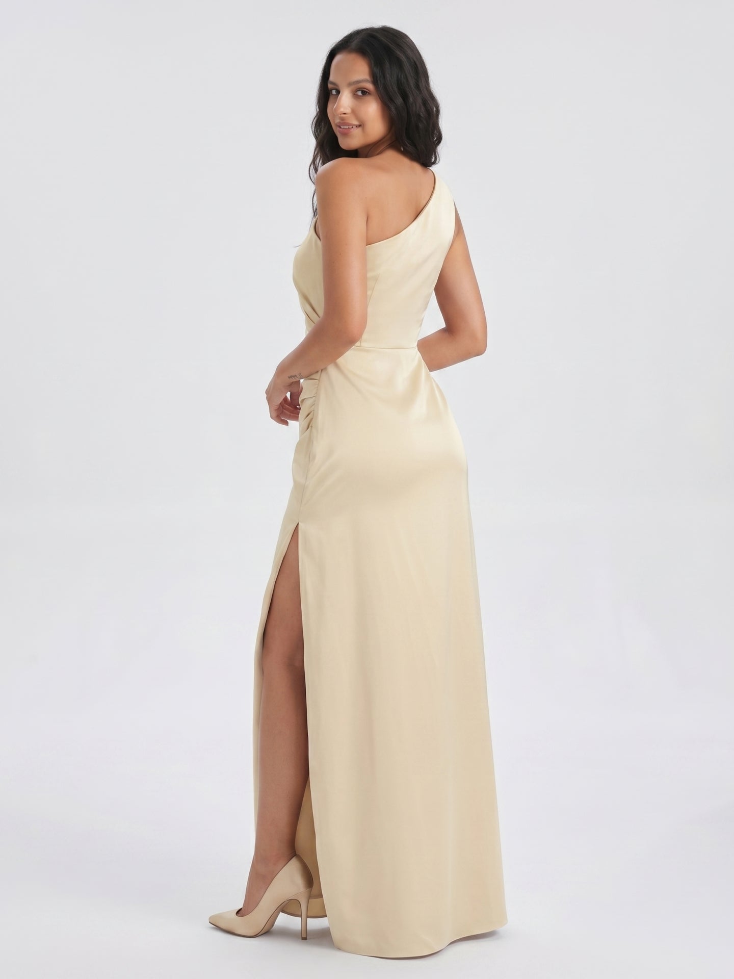 Champagne Satin Mermaid One Shoulder Back Zip Floor-Length Bridesmaid Dress