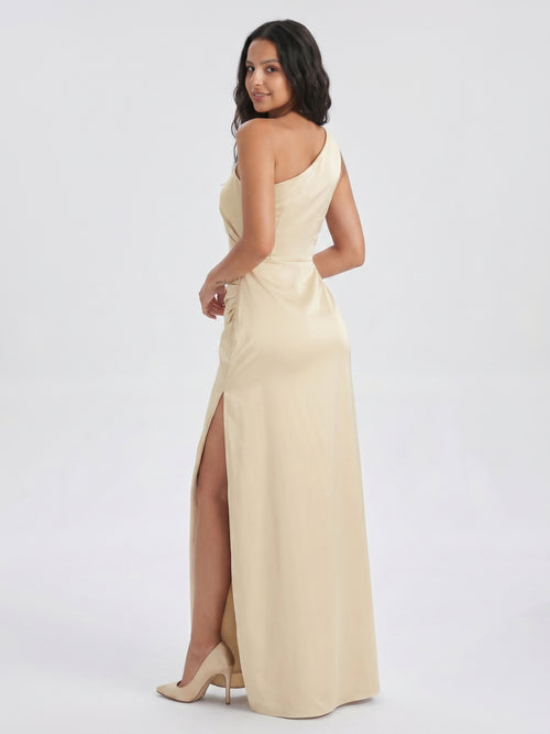 Champagne Satin Mermaid One Shoulder Back Zip Floor-Length Bridesmaid Dress