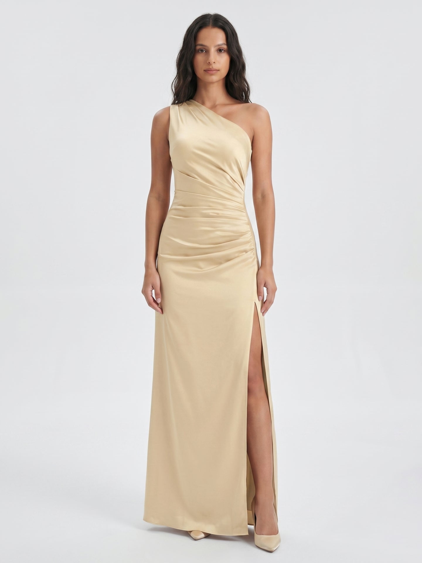 Champagne Satin Mermaid One Shoulder Back Zip Floor-Length Bridesmaid Dress