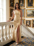 Champagne Satin Mermaid One Shoulder Back Zip Floor-Length Bridesmaid Dress