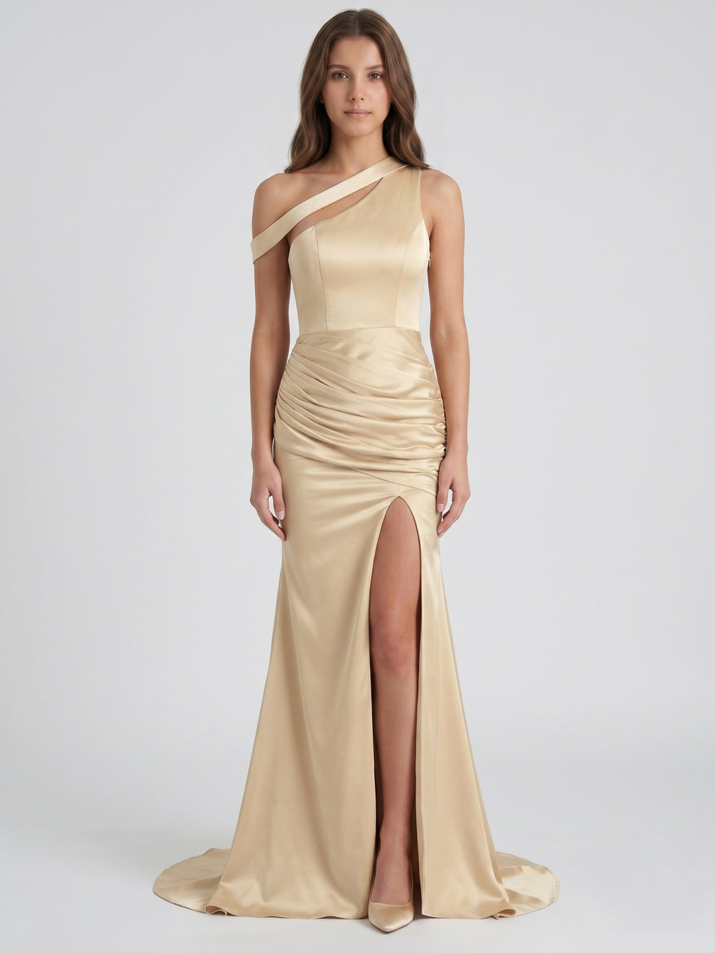 Champagne Satin Mermaid One Shoulder Back Zip Floor-Length Bridesmaid Dress with Pleated Details