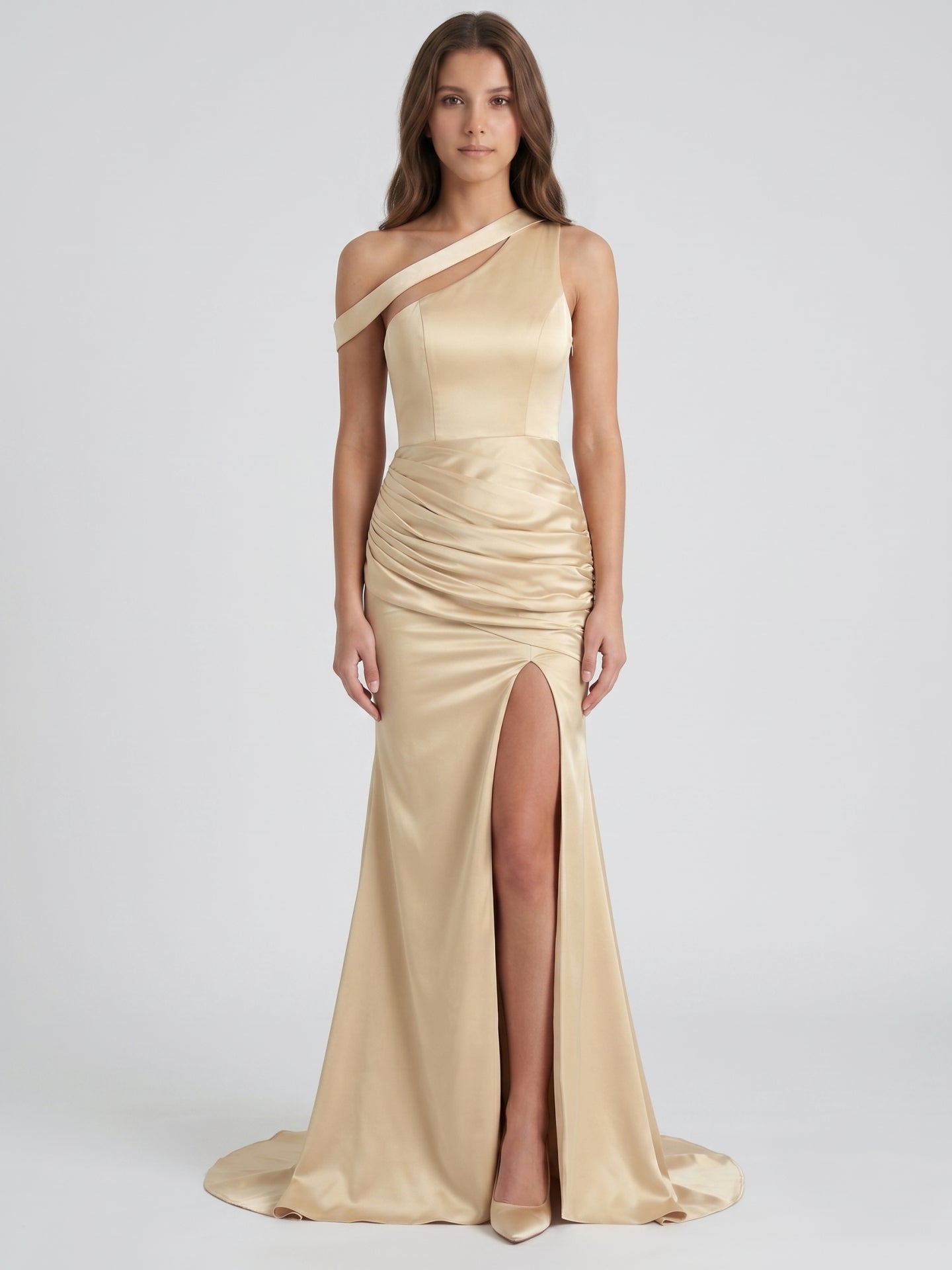Champagne Satin Mermaid One Shoulder Back Zip Floor-Length Bridesmaid Dress with Pleated Details