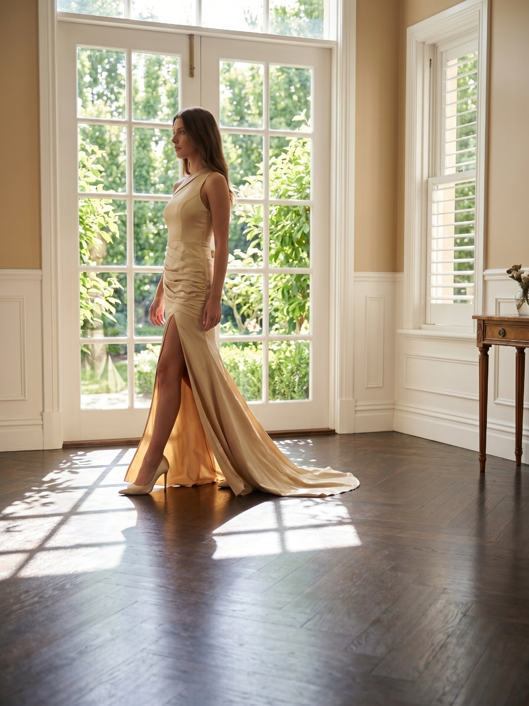 Champagne Satin Mermaid One Shoulder Back Zip Floor-Length Bridesmaid Dress with Pleated Details