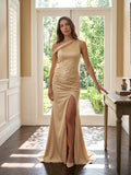 Champagne Satin Mermaid One Shoulder Back Zip Floor-Length Bridesmaid Dress with Pleated Details