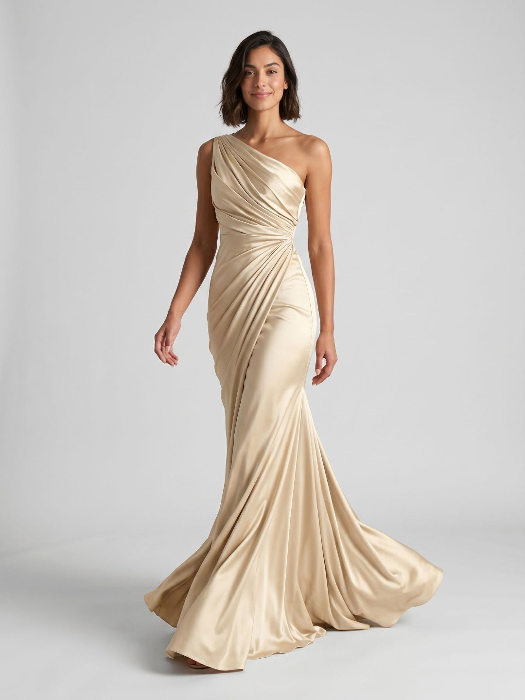 Champagne Satin Mermaid One Shoulder Floor-Length Evening Dress with Pleating