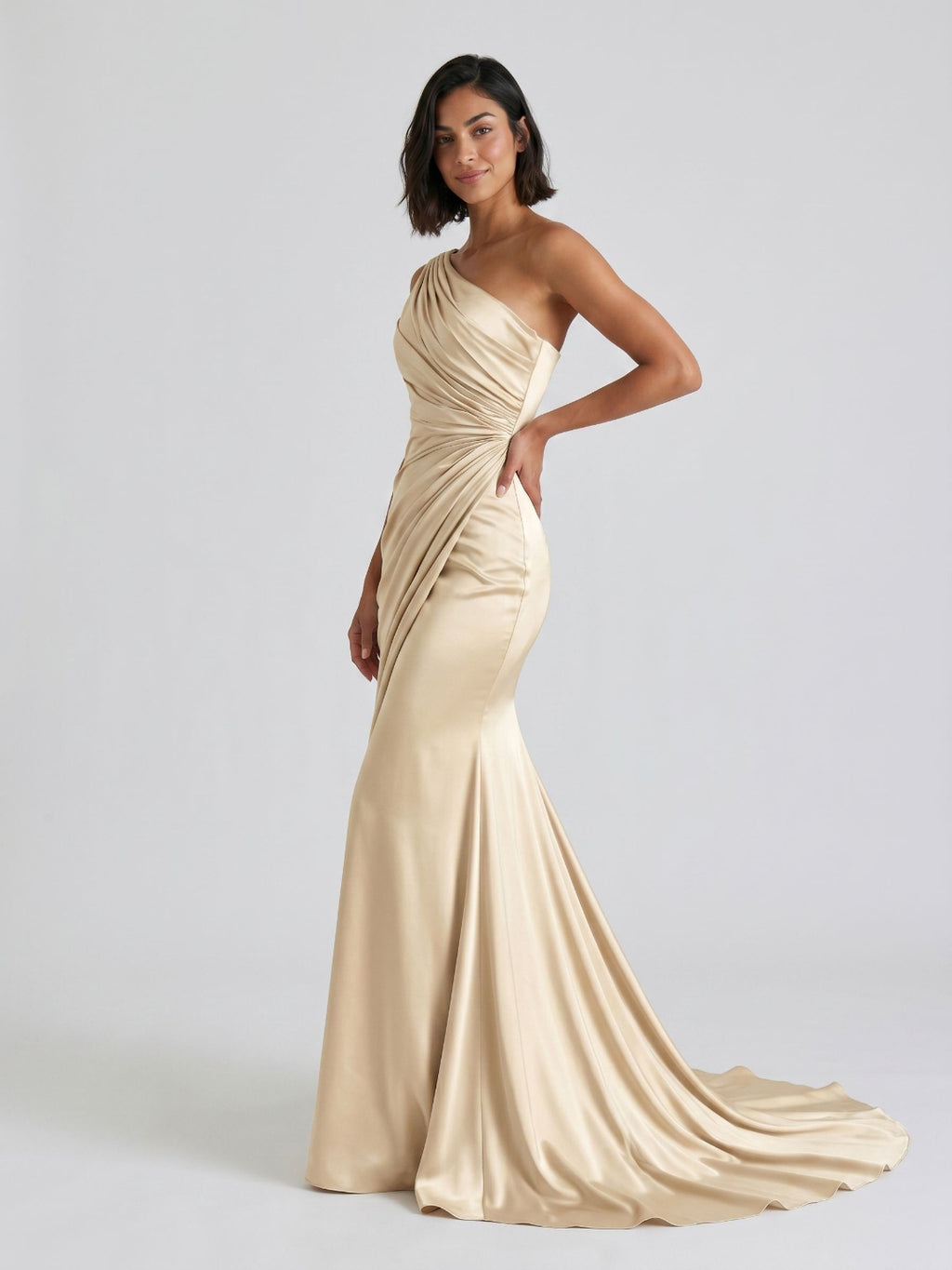 Champagne Satin Mermaid One Shoulder Floor-Length Evening Dress with Pleating