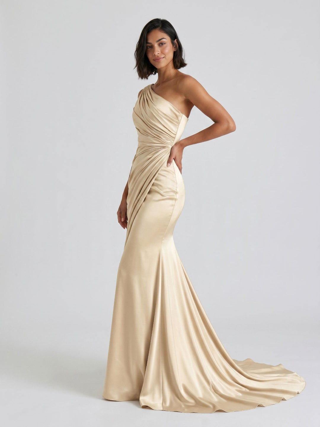 Champagne Satin Mermaid One Shoulder Floor-Length Evening Dress with Pleating