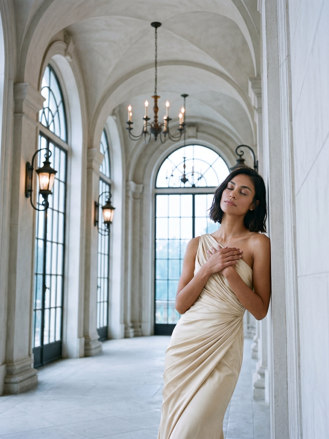 Champagne Satin Mermaid One Shoulder Floor-Length Evening Dress with Pleating