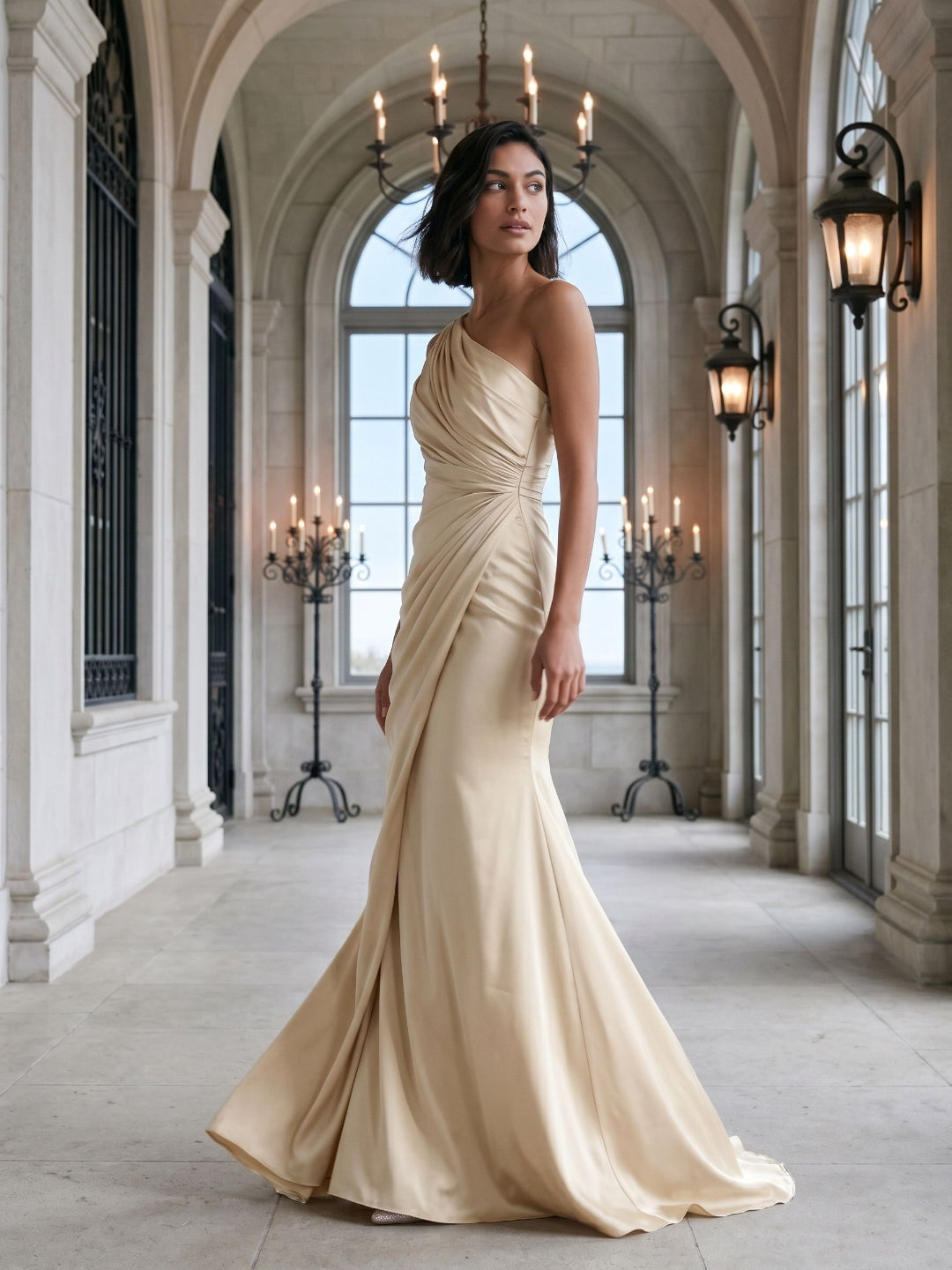 Champagne Satin Mermaid One Shoulder Floor-Length Evening Dress with Pleating