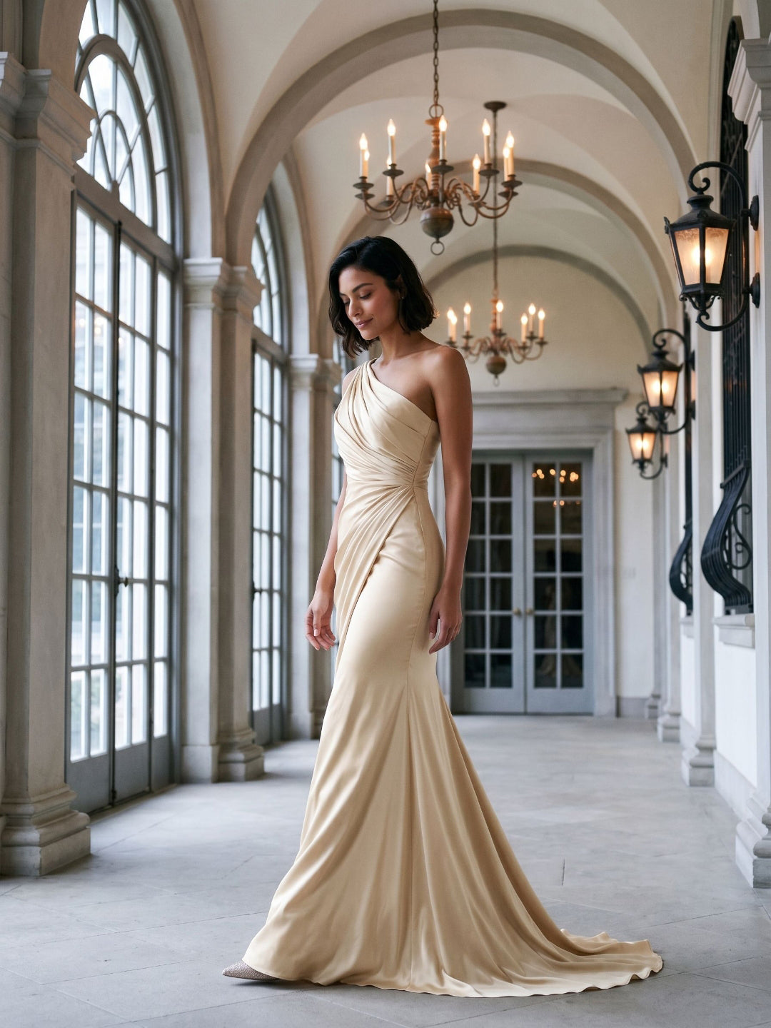 Champagne Satin Mermaid One Shoulder Floor-Length Evening Dress with Pleating