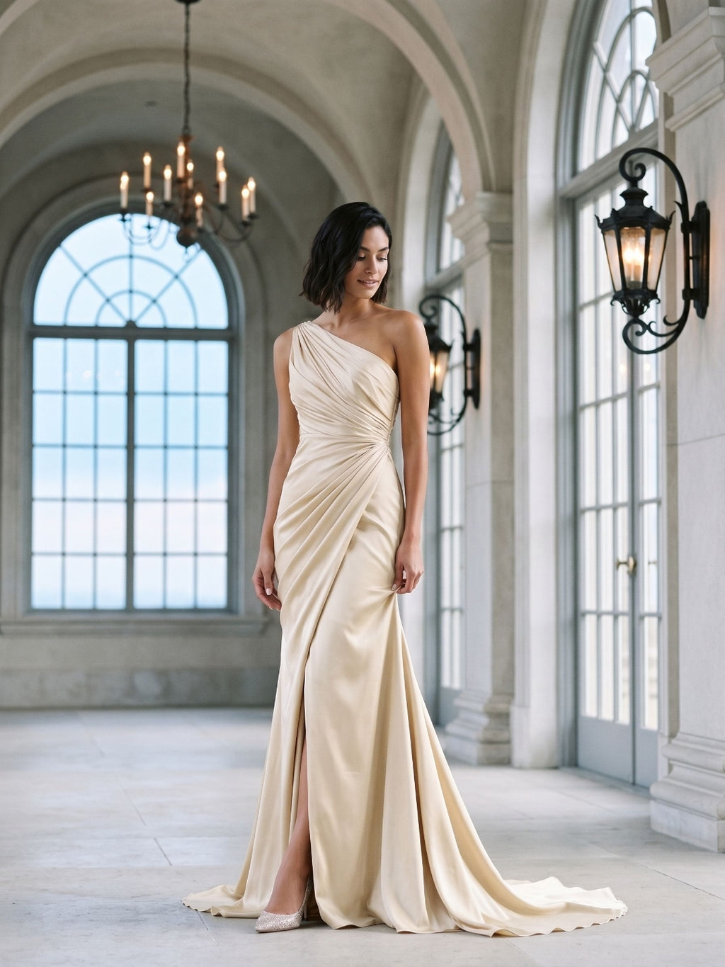 Champagne Satin Mermaid One Shoulder Floor-Length Evening Dress with Pleating