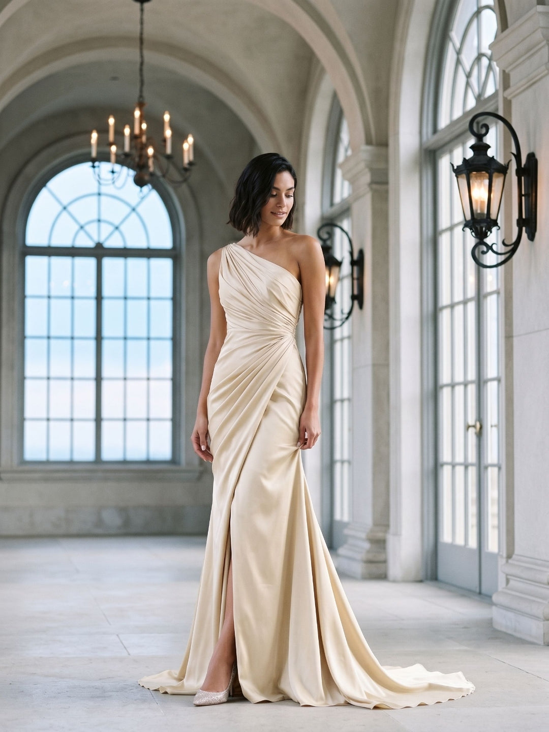 Champagne Satin Mermaid One Shoulder Floor-Length Evening Dress with Pleating