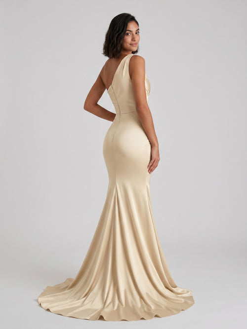 Champagne Satin Mermaid One Shoulder Floor-Length Dress with Pleating