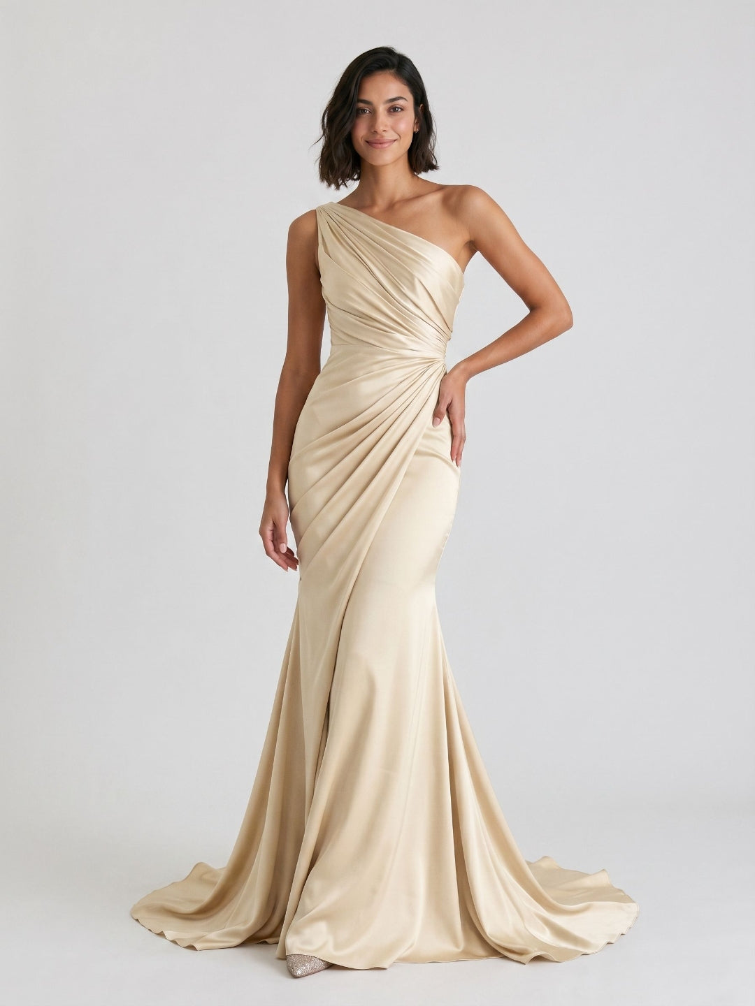 Champagne Satin Mermaid One Shoulder Floor-Length Evening Dress with Pleating