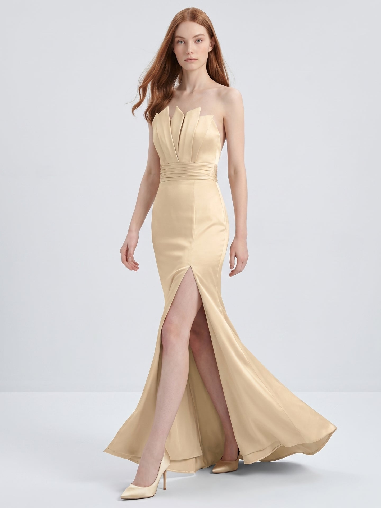 Champagne Satin Mermaid Straight Neck Back Zip Floor-Length Bridesmaid Dress