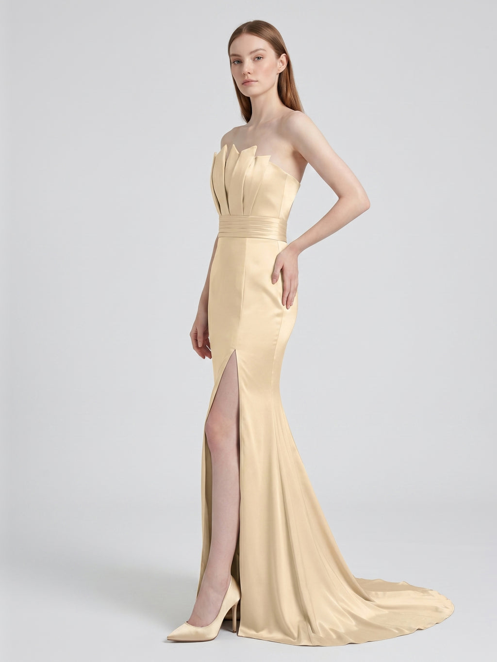 Champagne Satin Mermaid Straight Neck Back Zip Floor-Length Bridesmaid Dress