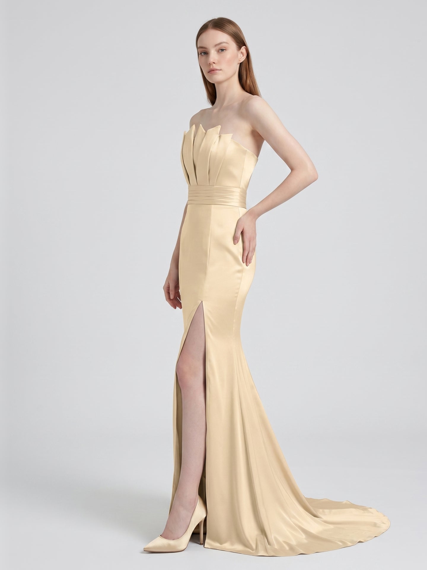 Champagne Satin Mermaid Straight Neck Back Zip Floor-Length Bridesmaid Dress