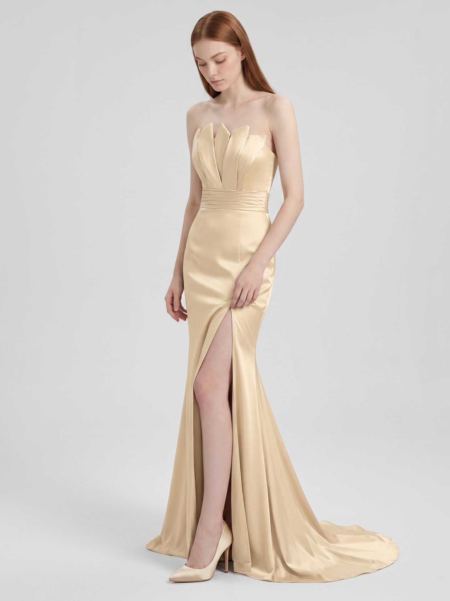 Champagne Satin Mermaid Straight Neck Back Zip Floor-Length Bridesmaid Dress
