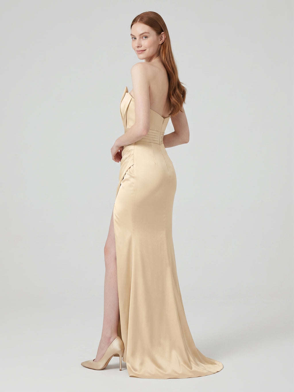 Champagne Satin Mermaid Straight Neck Back Zip Floor-Length Bridesmaid Dress