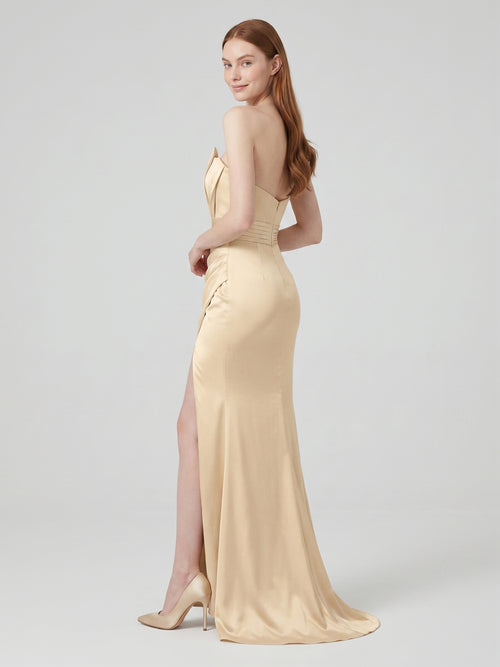 Champagne Satin Mermaid Straight Neck Back Zip Floor-Length Bridesmaid Dress