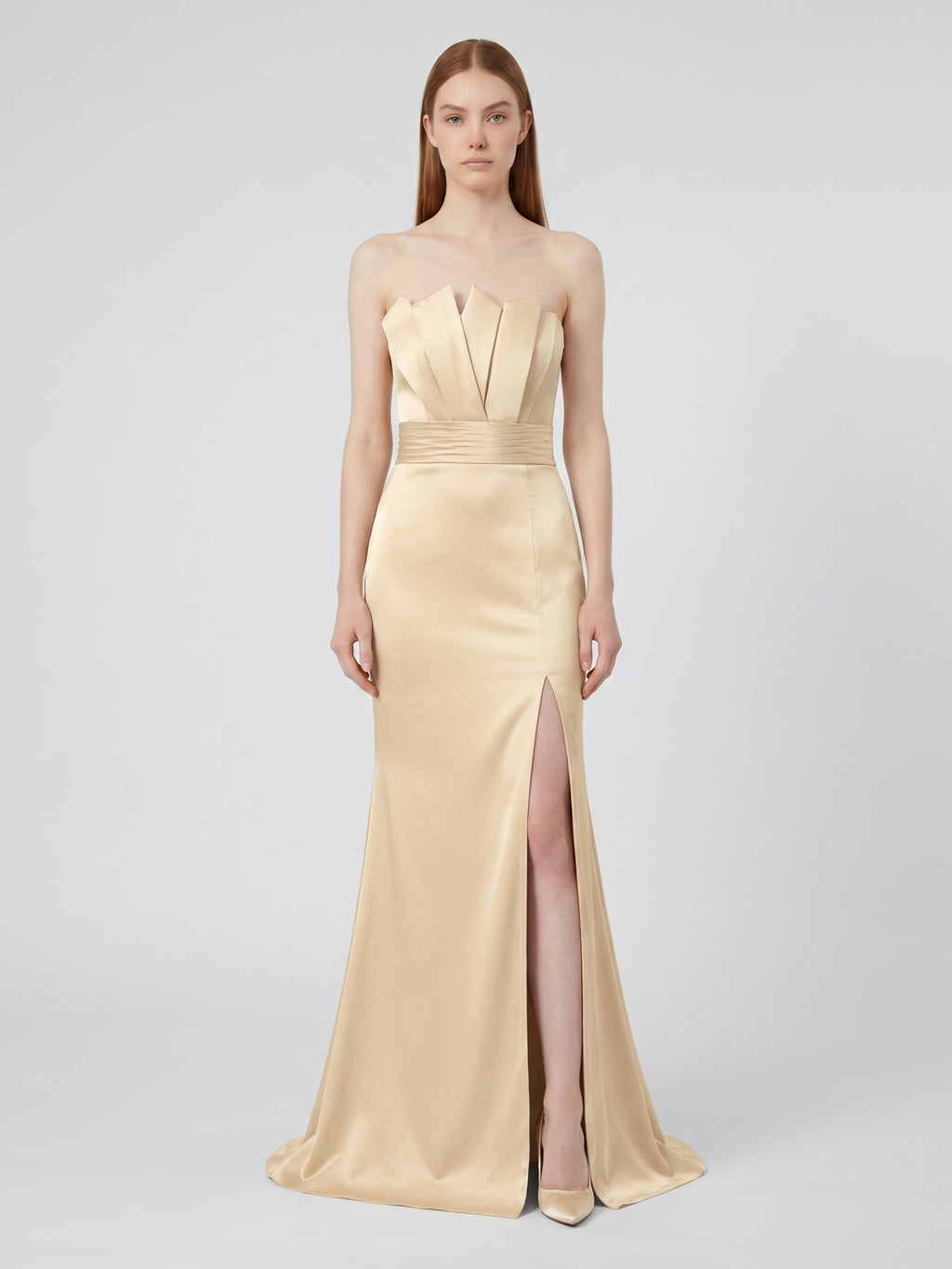 Champagne Satin Mermaid Straight Neck Back Zip Floor-Length Bridesmaid Dress