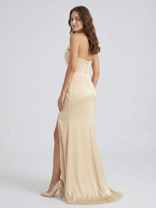 Champagne Satin Mermaid Straight Neck Back Zip Floor-Length Bridesmaid Dress with Pleated Details