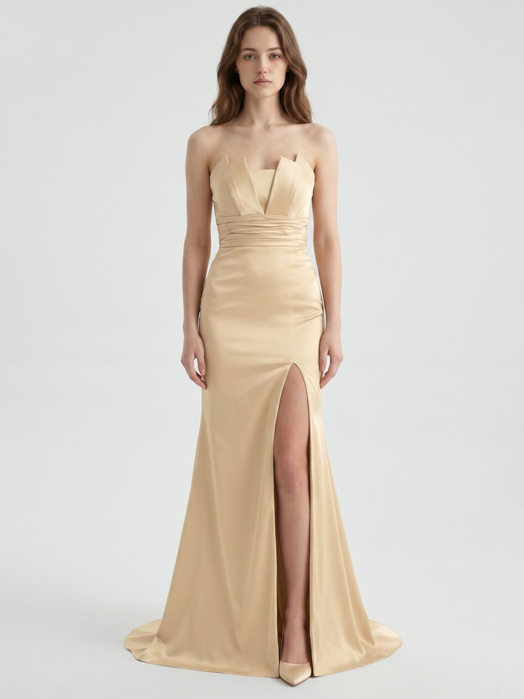 Champagne Satin Mermaid Straight Neck Back Zip Floor-Length Bridesmaid Dress with Pleated Details