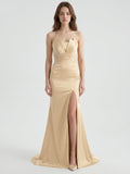 Champagne Satin Mermaid Straight Neck Back Zip Floor-Length Bridesmaid Dress with Pleated Details