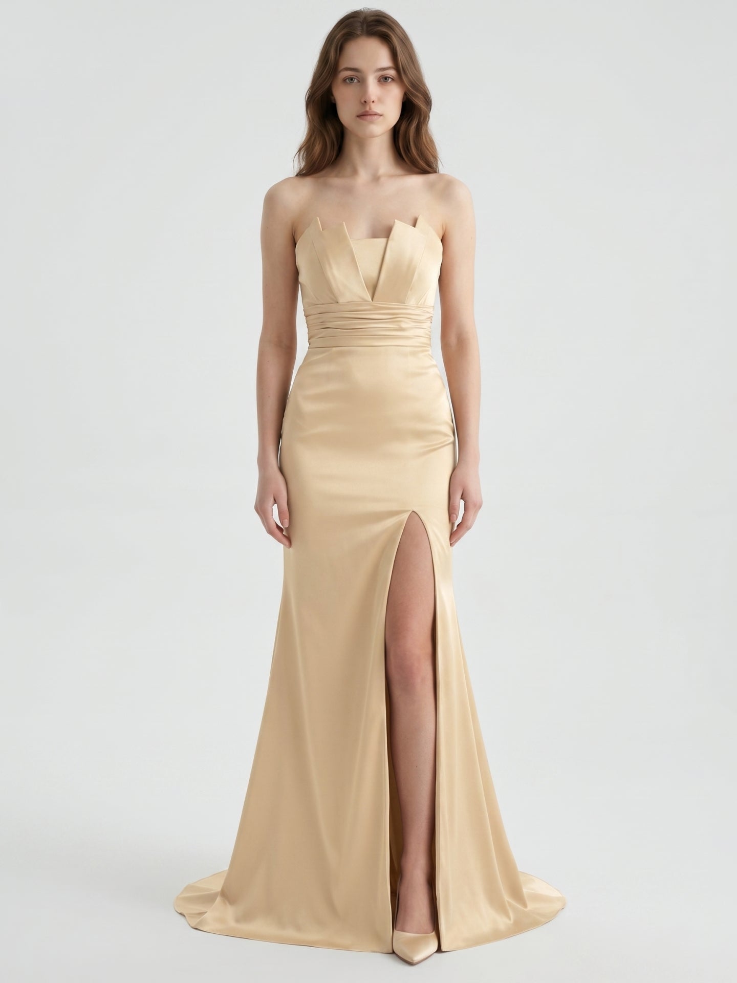 Champagne Satin Mermaid Straight Neck Back Zip Floor-Length Bridesmaid Dress with Pleated Details