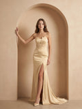 Champagne Satin Mermaid Straight Neck Back Zip Floor-Length Bridesmaid Dress with Pleated Details