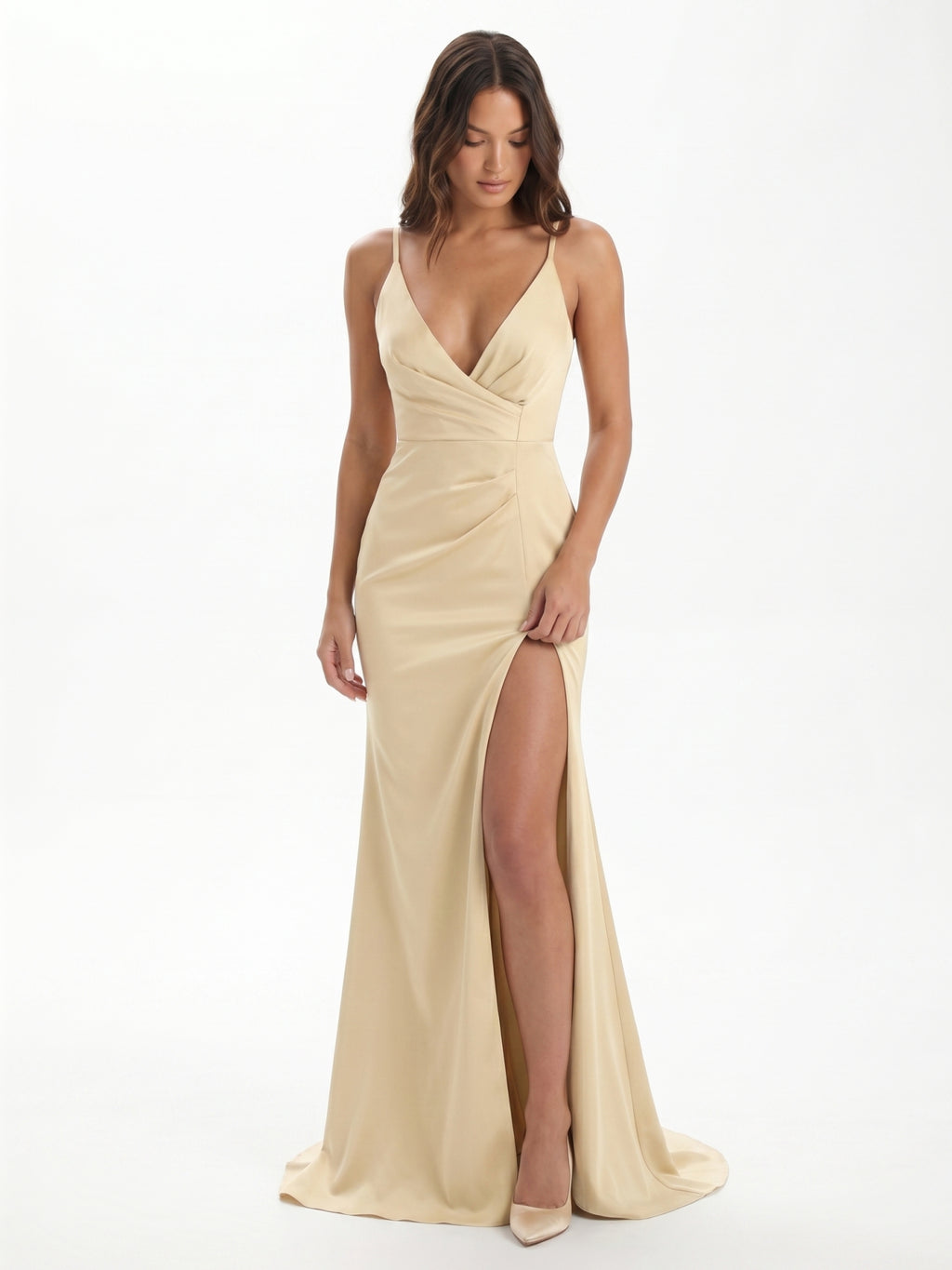 Champagne Satin Mermaid V-Neck Back Zip Floor-Length Bridesmaid Dress