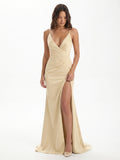 Champagne Satin Mermaid V-Neck Back Zip Floor-Length Bridesmaid Dress