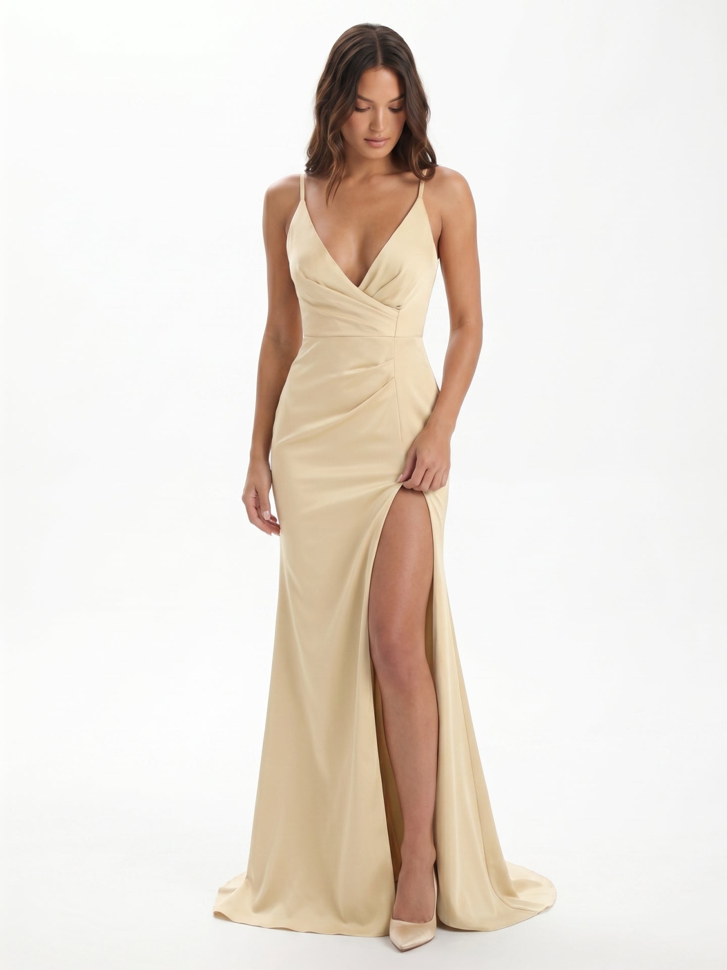 Champagne Satin Mermaid V-Neck Back Zip Floor-Length Bridesmaid Dress