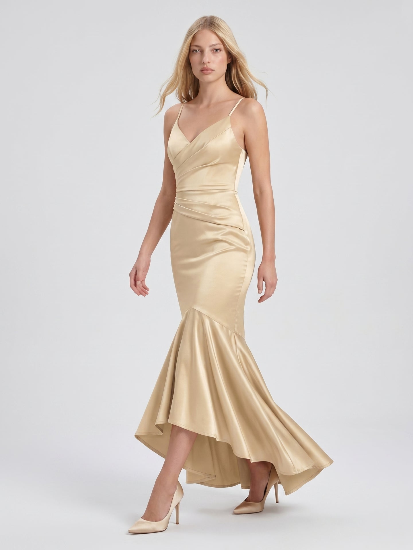 Champagne Satin Mermaid V-Neck Side Zip Asymmetrical Bridesmaid Dress with Pleated Accents