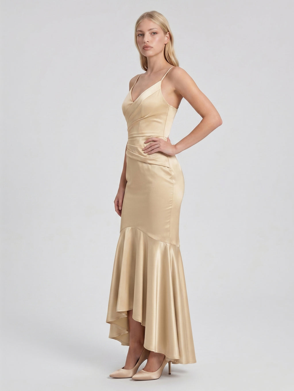Champagne Satin Mermaid V-Neck Side Zip Asymmetrical Bridesmaid Dress with Pleated Accents