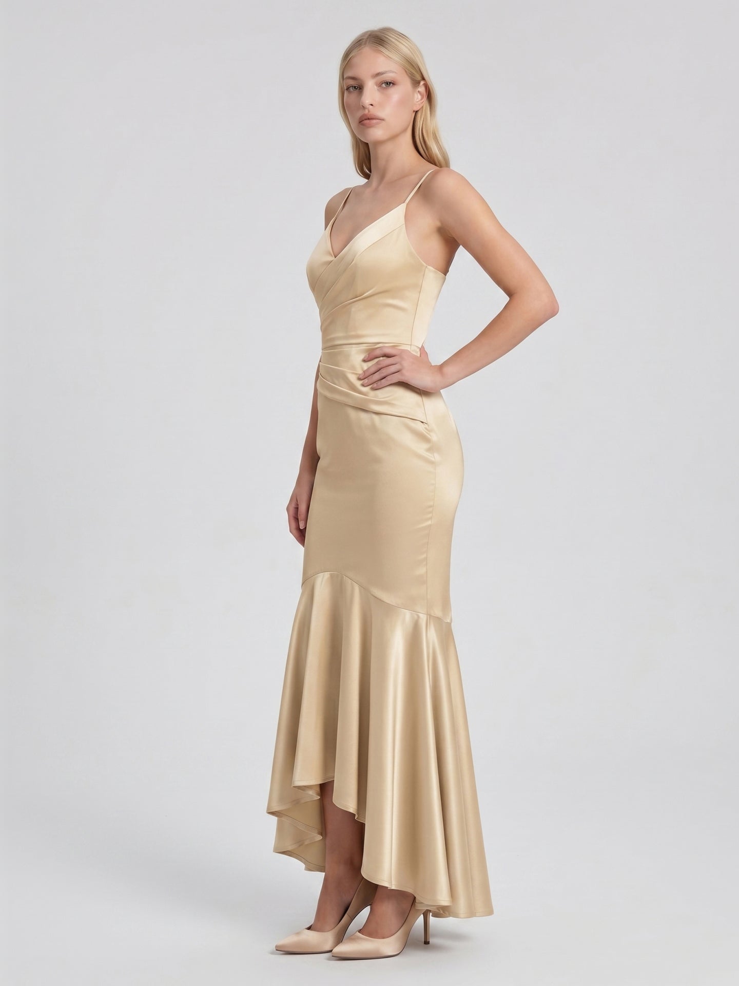 Champagne Satin Mermaid V-Neck Side Zip Asymmetrical Bridesmaid Dress with Pleated Accents