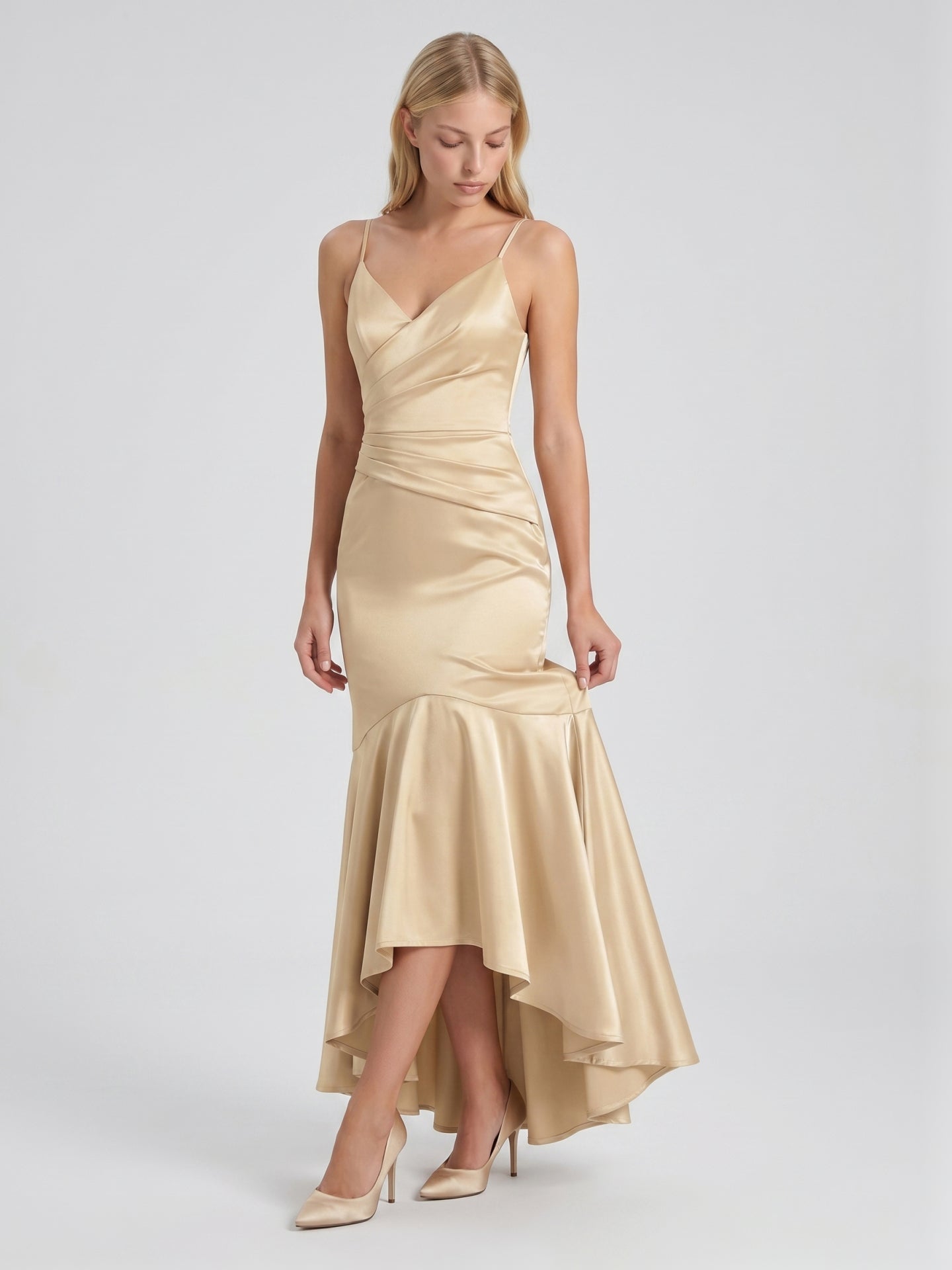 Champagne Satin Mermaid V-Neck Side Zip Asymmetrical Bridesmaid Dress with Pleated Accents