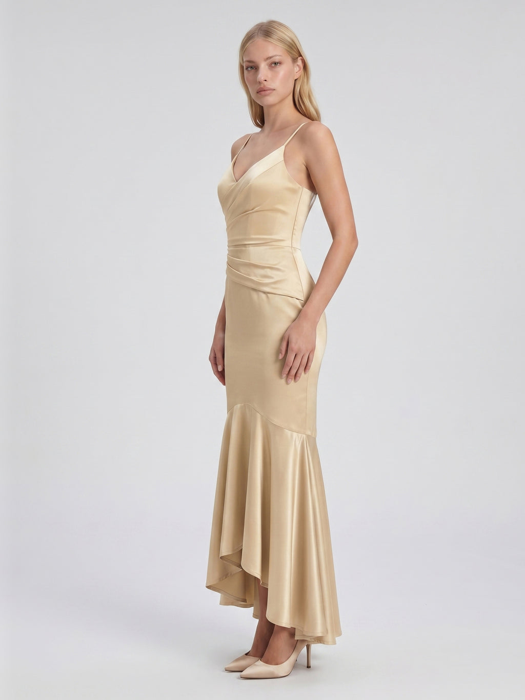 Champagne Satin Mermaid V-Neck Side Zip Asymmetrical Bridesmaid Dress with Pleated Accents