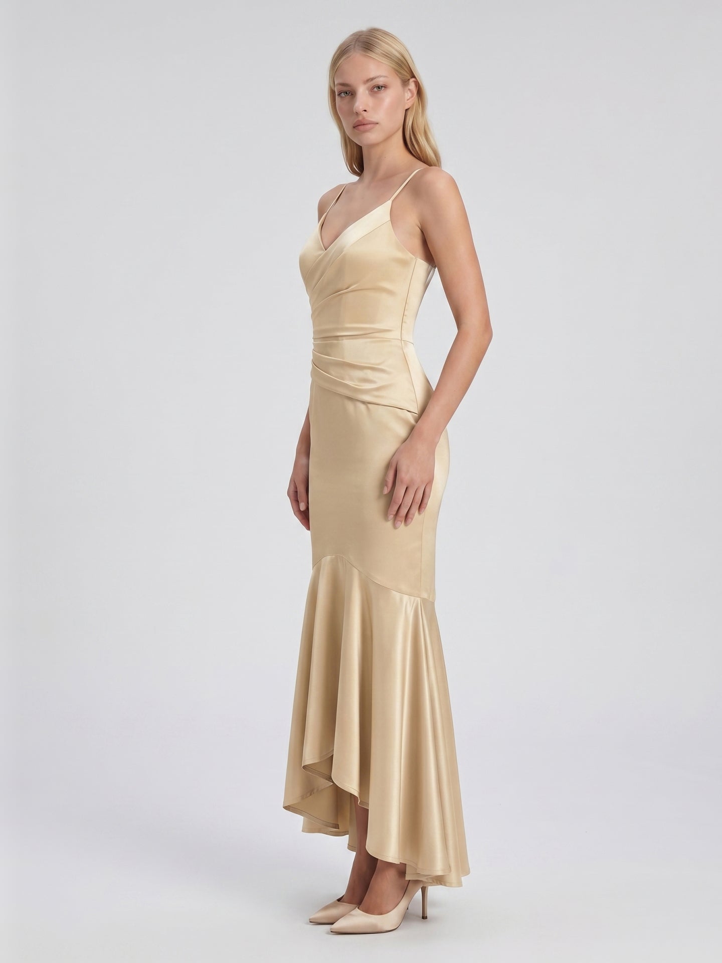 Champagne Satin Mermaid V-Neck Side Zip Asymmetrical Bridesmaid Dress with Pleated Accents